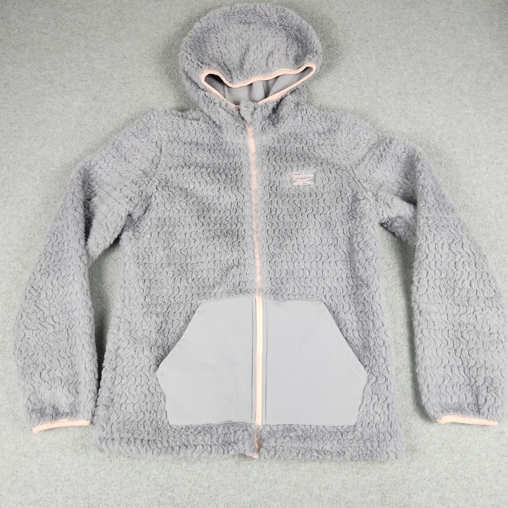 Reebok Hoodie Kids L 14/16 Gray Sherpa Fleece Fuzzy Cozy Soft Full Zip Outdoor